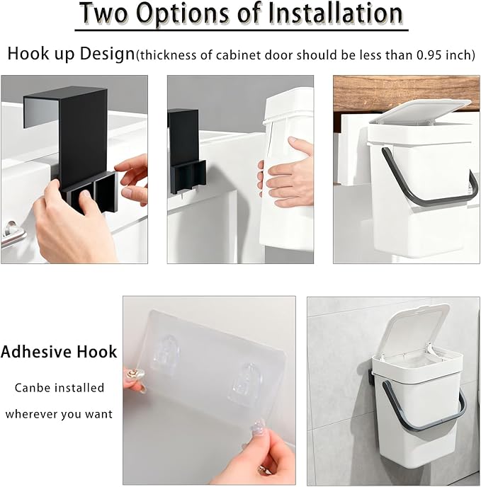 Compost Bin Kitchen, for use on Countertops or Under Sinks, Hanging Trash Can with Lid, Mountable Indoor Compost Bucket, for Cupboard/Bathroom/Bedroom/Office/Camping (White 1.3 Gallon/5L)