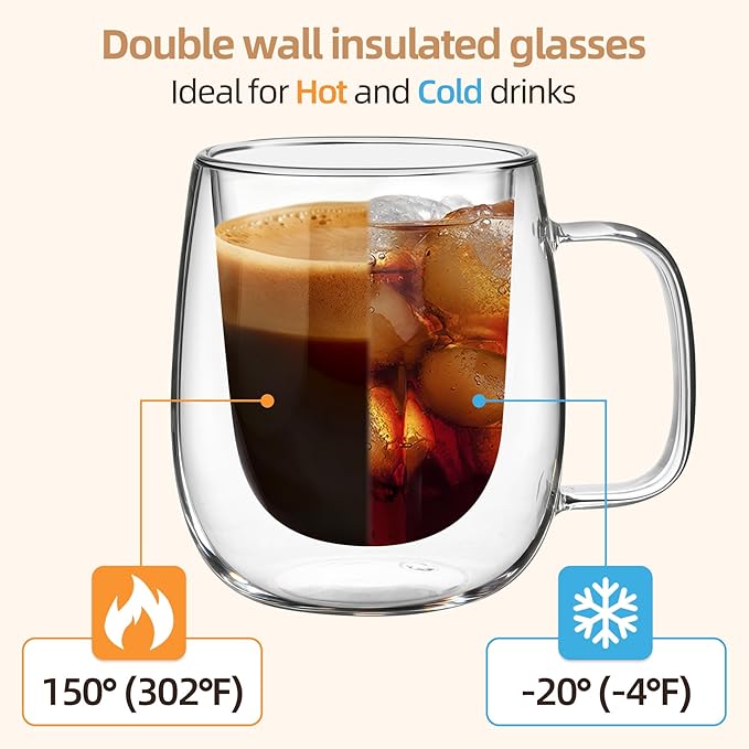 12 OZ Glass Coffee Mug Pack of 4, Double Wall Glass Mug with Handle Insulated Clear Glass Coffee Cup for Espresso, Cappuccino, Latte, Americano, Tea