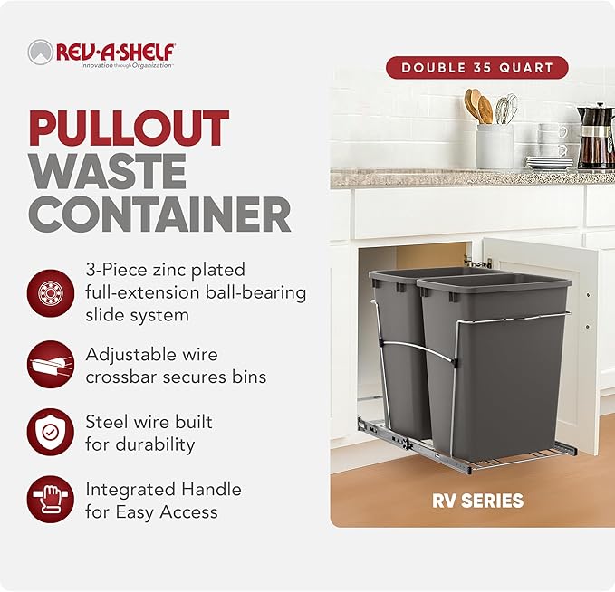 Rev-A-Shelf RV-18KD-13C-S Double Pullout Trash Can for Kitchen Cabinets 35 Quart Garbage Recycling Bin on Full Extension Slides, Gray