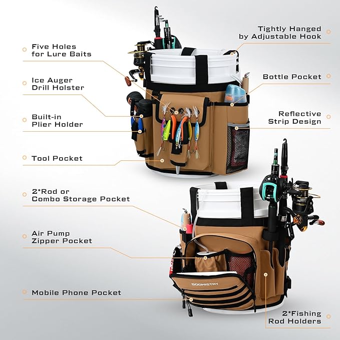Boomistry Fishing Bucket Organizer for 5 Gallon Bucket Accessories, Fishing Tackle Bag with Adjustable Buckle, Fishing Rod Bag with 15 Multi-Pockets for Fishing Gear and Equipment (Khaki)