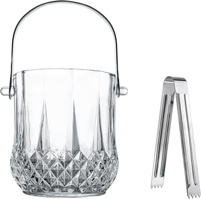 Glass Ice Bucket with Handle and Ice Tong Holds 37oz of Ice Clear Crystal Ice Buckets for Cocktail Bar Wine Home Bar Accessories Parties Clear Champagne Bucket