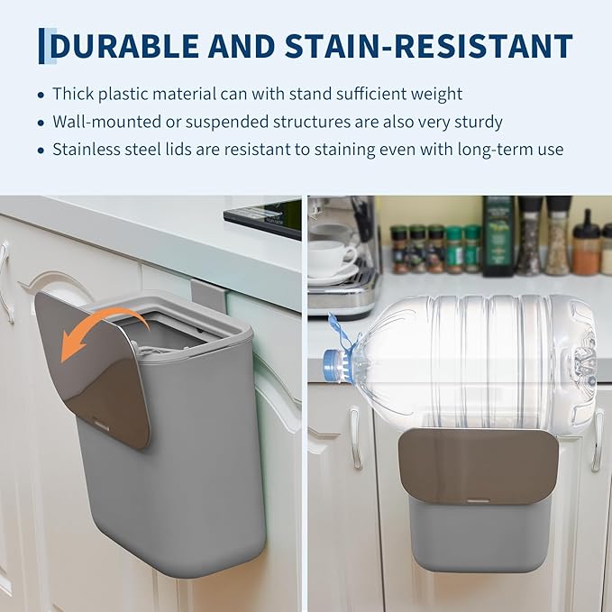 PrecisionAuto 2.4 Gallon/9L Hanging Trash Can with Stainless Steel Lid, Mountable Under Sink Compost Bin for Kitchen Cabinet Door, Food Waste Bin for RV, Bathroom, Office - Grey