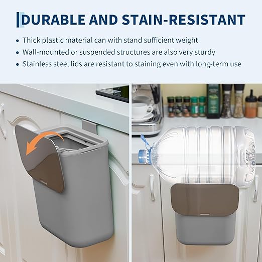 2.4 Gallon/9L Hanging Trash Can with Stainless Steel Lid, Mountable Compost Bin for Kitchen Cabinet Door, Under Sink Food Waste Container for RV, Bathroom, Office