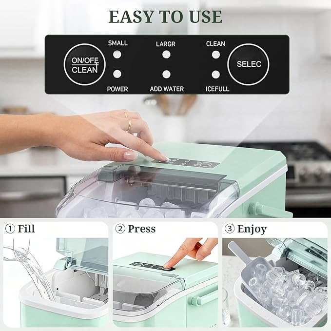 Ice Maker, Portable Ice Makers Countertop with Handle, Basket & Scoop, 26Lbs/24Hrs, 9 Bullet Ice Cubes in 6 Mins, 2 Ice Sizes, Self-Cleaning, Quiet Compact Ice Machine for Home Kitchen Party, Green