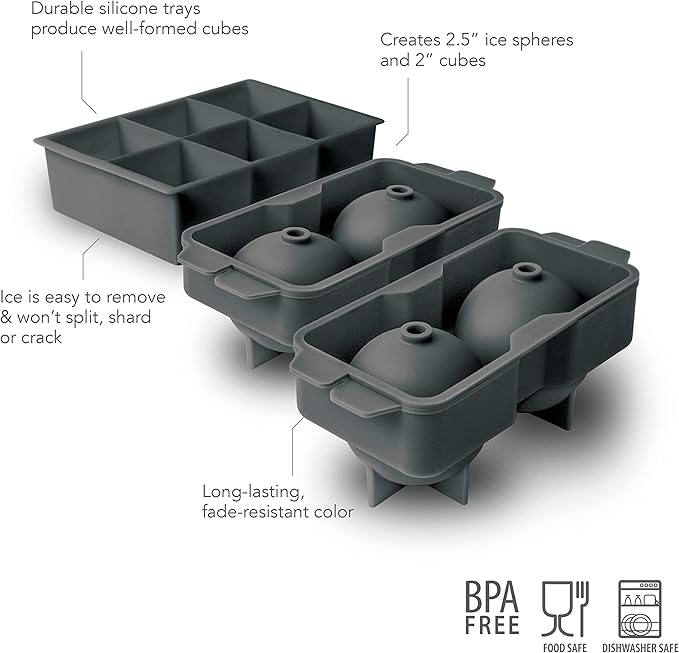 Tovolo Whiskey Ice Mold Set 2 Ball Sphere Molds Single Silicone Ice Tray Easy Release Ice Maker 6 Large Cubes 4 Spheres for Whiskey Cocktails Beverages, BPA Free Cocktail Ice Set for Cubes Spheres