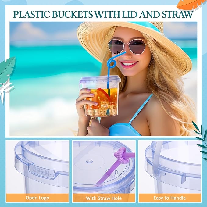 Funnymoom 48 Pack 25 oz Plastic Rum Buckets Bulks for Drinks with Straws Reusable Ice Cream Cocktail Cups Neon Party Bucket with Lids Handles Food Containers Cup for Summer Beach Bar Beer