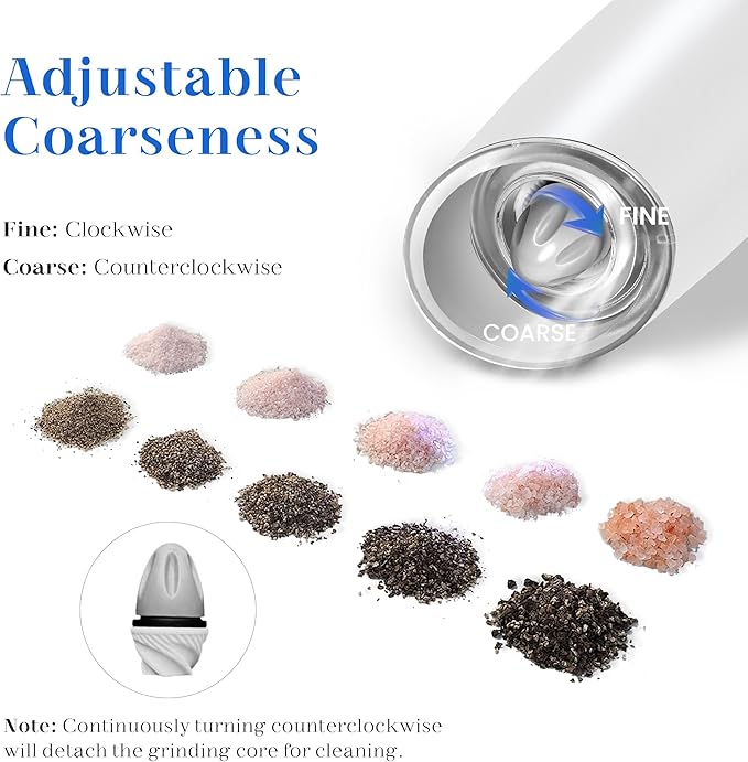 UNNEES Rechargeable Electric Salt and Pepper Grinder Set, Gravity Activated, Adjustable Coarseness, LED Light, USB Charging, Ceramic Core, 150ml Transparent Hopper, Black + White