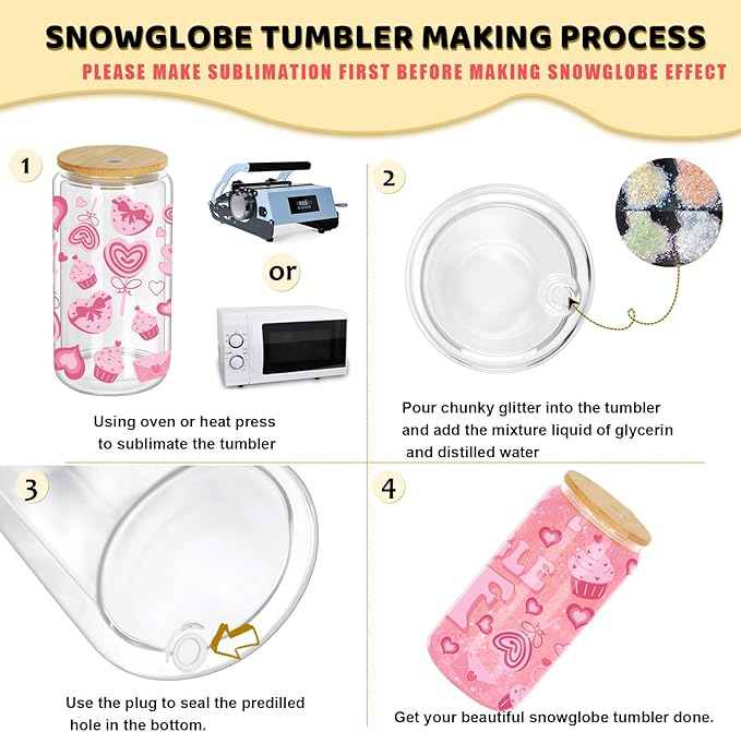 16 Oz Snow Globe Tumbler, 6 Pack Pre-Drilled Sublimation Glass Cup For Glitter Snow Globe Diy, Double Wall Sublimation Glass Tumbler