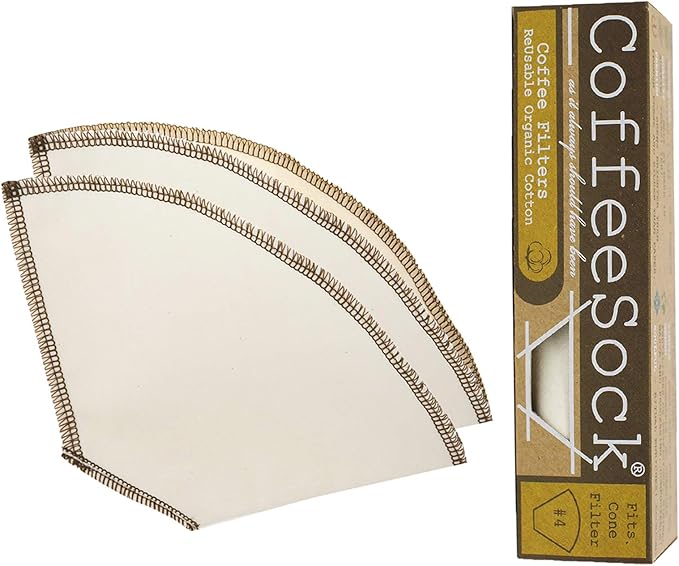 CoffeeSock ’The Original’ Reusable 100% Organic Cotton Coffee Filters - 2 pk Cone #4 Filters | Coffee Sock Cloth Drip 4 Coffee Filter | Organic Cotton Alternative - Zero-Waste & Eco-Friendly - C4