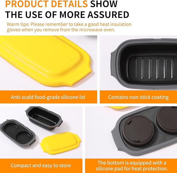 Microwave Egg Cooker, Egg Poacher, 2 Eggs fryer, Microwave Grill Sandwiches Maker, Quick-Heat 2-Piece Multi-use for Breakfast, Non-Stick, Dishwasher Safe, Portable for Home, Travel, Yellow