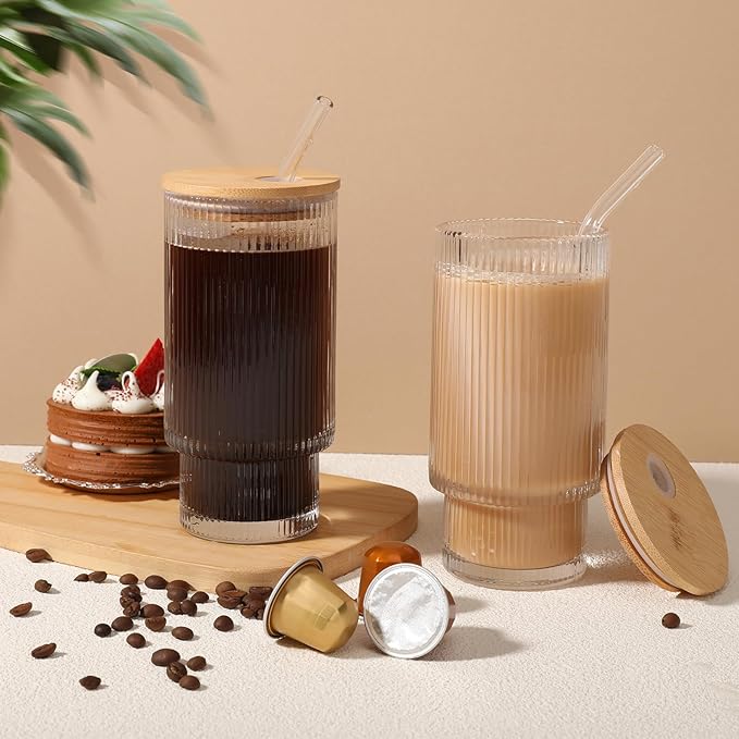 Glass Cups with Bamboo Lids and Straws - 16 oz Reusable Iced Coffee Cups, Vintage Ribbed Drinking Glasses, To Go Tumbler for Juice, Beer, Coffee, Milk, Cocktail, Water (2 Pack)
