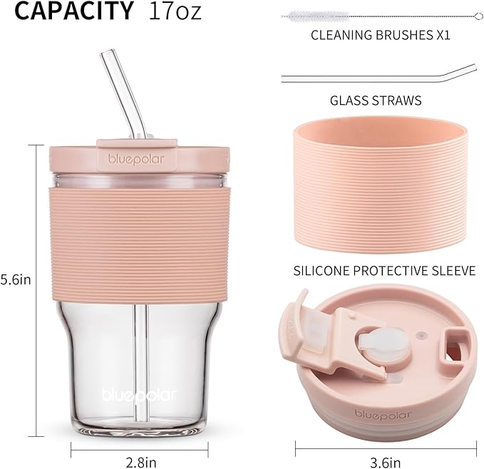 Glass Juice Bottles with Lids and Straws,16oz/480ml Reusable Iced Coffee Glasses,Cold Brew Tumblers with Leakproof Lids,BPA-Free Glass Jars for Juicing,Matcha,Tea,Smoothie (Pink with Sleeve)