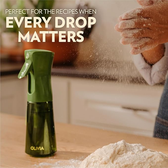 FLAIROSOL OLIVIA Oil Sprayer for Cooking, 200ml Glass Olive Oil Sprayer, Continuous Oil Spray Bottle with Portion Control, Oil Dispenser for Kitchen, Air Fryer, Salad, BBQ (Green Bottle, Gold Print)