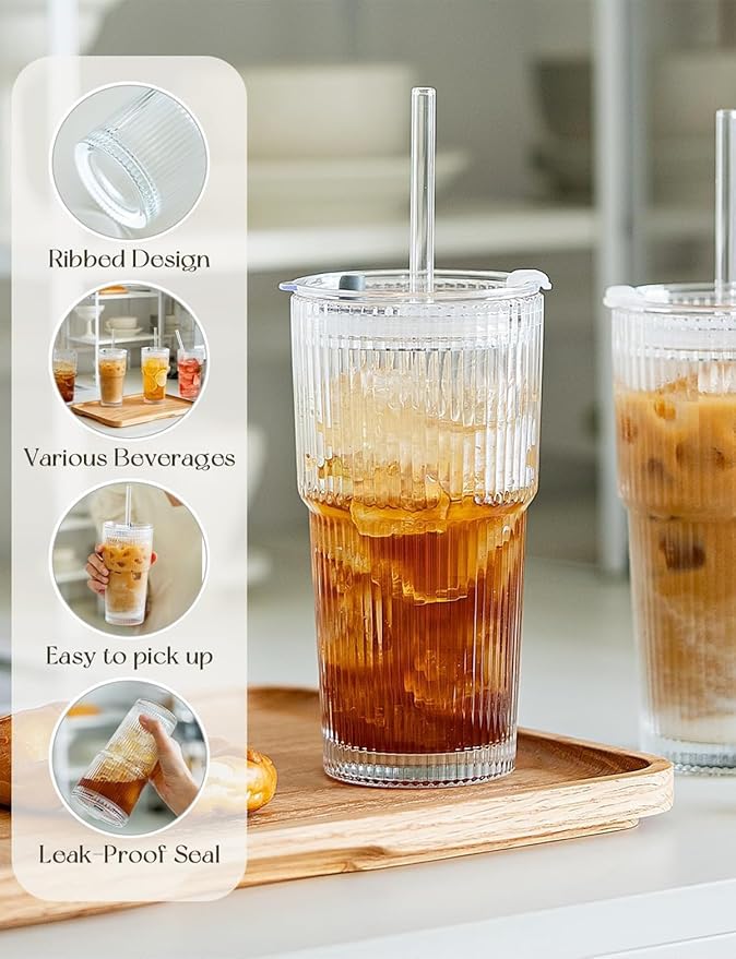 20 oz Glass Tumblers, Iced Coffee Cups with Lids and Glass Straws, Thickened Wall Glass Cups, Ideal for Smoothies, Cocktails, and Juices – Vintage and Durable Drinkware – 4 Pack