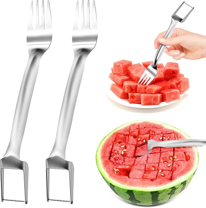 2 PCS Stainless Steel Watermelon Slicer and Fork - 2-in-1 Portable Kitchen Tool for Home Camping and Parties