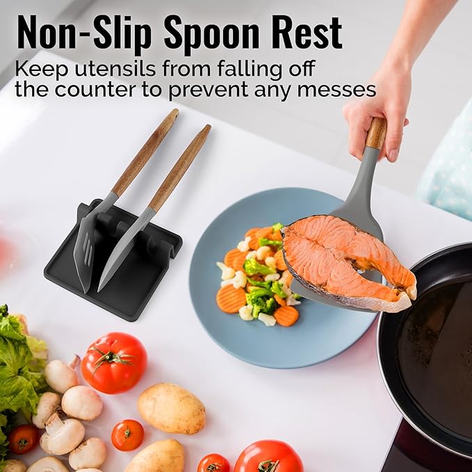 Zulay Kitchen Extra Large Silicone Utensil Rest with Drip Pad for Multiple Utensils - BPA-Free Heat-Resistant Spoon Rest & Spoon Holder for Stove Top - Kitchen Utensil Holder for Spoon - Black