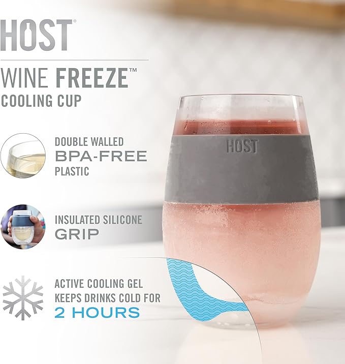 Host Wine Freeze Cup Set of 2 - Plastic Double Wall Insulated Wine Cooling Freezable Drink Glasses with Freezing Gel, Wine Glass Gift for Red and White Wine, 8.5 oz Marble