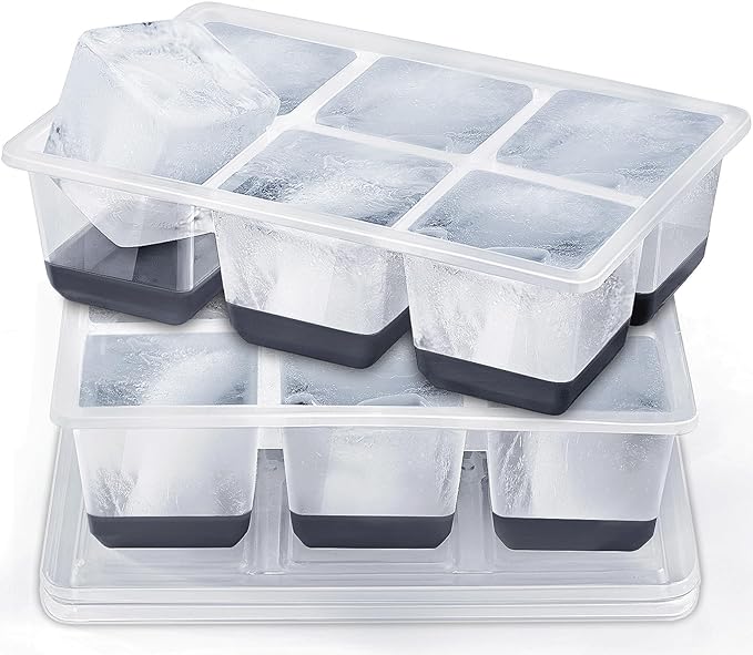 Ice Cube Trays 2 Pack, JRISBO Large Silicone Ice Cube Molds with Leak-Proof Lid, TPE Frame & Easy Release Bottom, Stackable Freezer Ice Trays for Whiskey, Cocktails, Soup, BPA Free (Black)