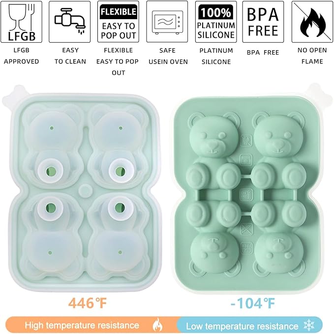 3D Bear Ice Cube Mold, Green Silicone Ice Cube Tray with Lid for Cocktail Whiskey, Large Ice Cube Trays for Freezer, Food Grade Reusable Ice Cube Molds, Cute Candies Chocolate Bear Silicone Molds