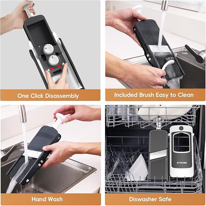[All in 1] Vegetable Slicer with Adjustable Thickness, Easy to Clean Potato Mandoline Slicer with Container, Rapid Prep French Fry Veggie Cutter/Onion Slicer, Free Grater/Cleaning Brush (Gray)