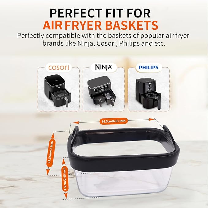 Air Fryer Glass Liner with Removable Silicone Ring, Reusable Liners Compatible for Ninja Foodi DZ201, DZ401, DZ550, COSORI, Chefman, Instant Air Fryer, and 6-in-1 8-10QT AirFryer Baskets