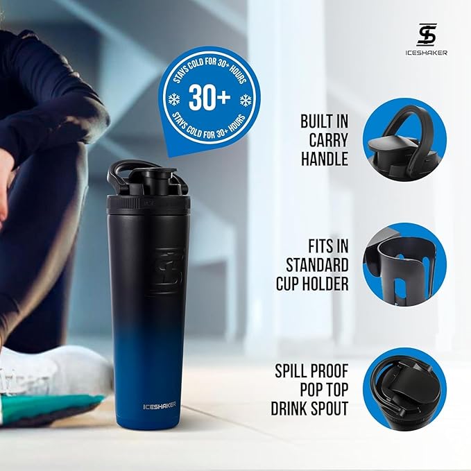 Ice Shaker Insulated Stainless Steel Shaker Bottle | 32oz, Navy/Black | Cold for 30+ Hours | Insulated Cup with Twist-on Agitator | Odor-Free Bottle for Protein Shakes, Water, Smoothies, Cocktails