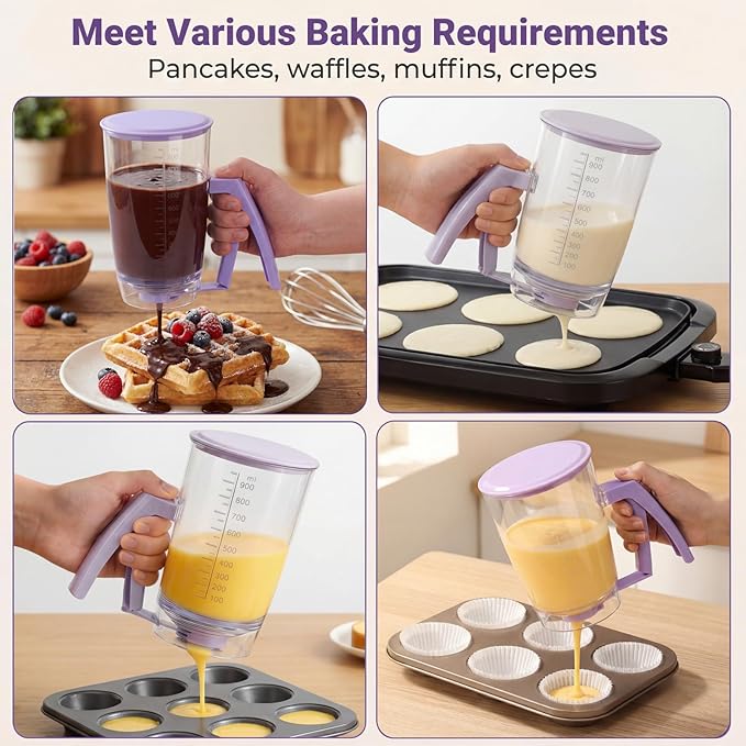 2-Pack Pancake Batter Dispenser Bottle, Squeeze Handle for Controlled Pour, Measurement Markings for Pancakes, Waffles, Brownies, Cup Cakes, Muffins & Crepes, Rinse-Wash Kitchen Tool