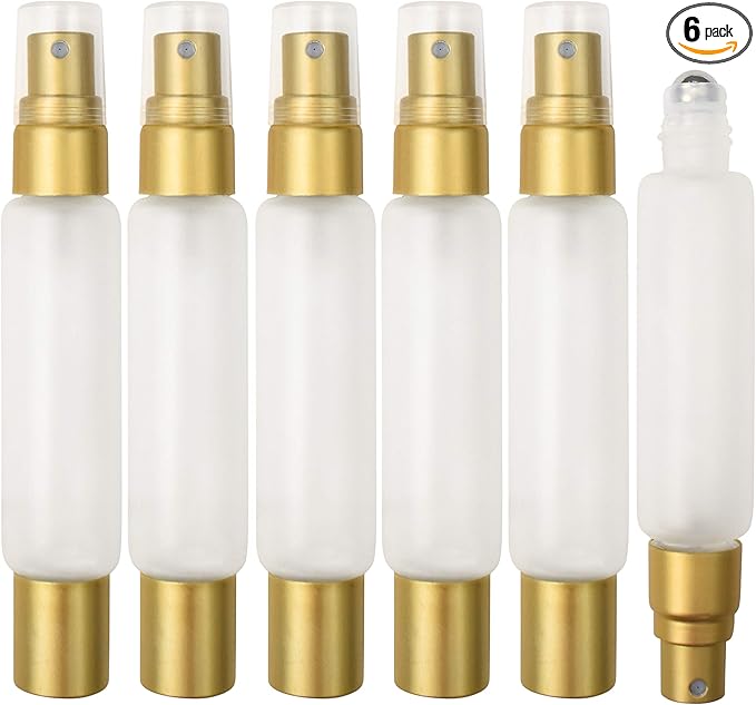 6-Pack Frosted Clear Glass Bottles with Dual Ends – Sprayer & Roller Tops – Leakproof, Quality Essential Oil & Perfume Bottles with Elegant Gold Accents – Refillable Custom Blend Containers