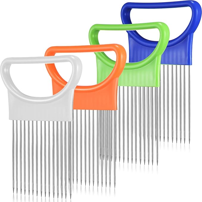 4 Pieces Onion Holder Slicer Stainless Steel Vegetable Tomato Holder Slicer Cutter for Kitchen Worker Safety Cooking Tools, 4 Colors