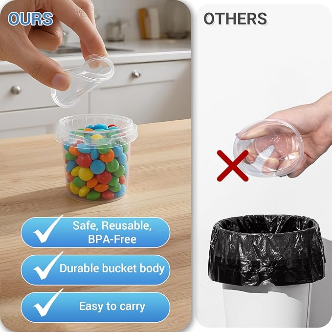 Airtight Clear Plastic Bucket with Lid, Ice Buckets for Parties, Reusable Ice Cream Tub with Handle, Food Storage Container, Food Grade Freezer and Microwave Safe for Sauce, Soup (5 OZ/12 PACK)