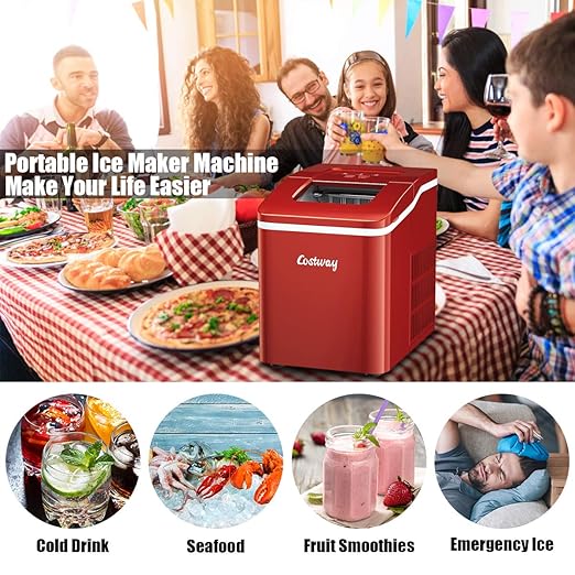 COSTWAY Countertop Ice Maker, 26Lbs/24H Portable Ice Machine with Self-Cleaning Function, Bullet Ice Cubes Ready in 8 Mins, Scoop and Removable Basket,Ice Maker for Home Party Bar, Red