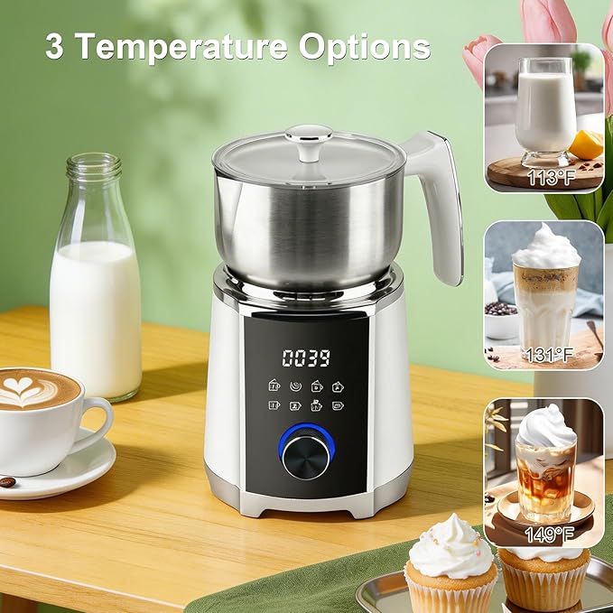 Milk Frother and Steamer, 8 in 1 Detachable Electric Milk Frother, Automatic Warm and Cold Foam Maker, Variable Temperature and Froth Thickness for Latte, Macchiato, Cappuccino, 20.29oz/600ml, White
