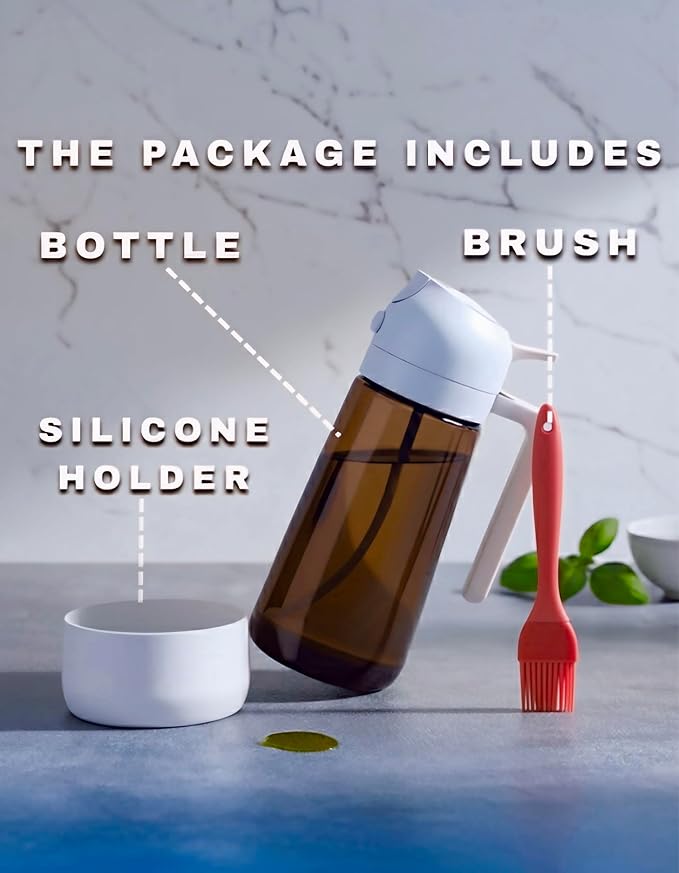 Oil Dipenser Bottle with Silicone Bottom And Silicone Brush, 2 in 1 Olive Oil Sprayer and Dispenser, Oil Spray Bottle 470ML/ 17OZ for Cooking, Kitchen, BBQ, Air Fryer, Salad, Baking