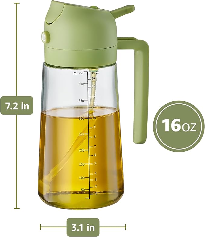FineDine 16oz Olive Oil Sprayer for Cooking, 2 in 1 Olive Oil Dispenser Bottle for Kitchen, Air Fryer, Salad, BBQ & Baking – Dual Spray Mist & Stream, with Measurement Marks, Green