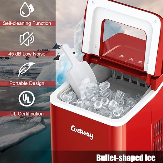 COSTWAY Countertop Ice Maker, 26Lbs/24H Portable Ice Machine with Self-Cleaning Function, Bullet Ice Cubes Ready in 8 Mins, Scoop and Removable Basket,Ice Maker for Home Party Bar, Red