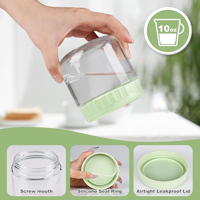 SHOWIN Overnight Oats Containers with Lids, 10oz Glass Jars with Lids 8 pcs, Light Green, Wide Mouth Mason jars for Salad, Yogurt, Snacks, Meal Prep
