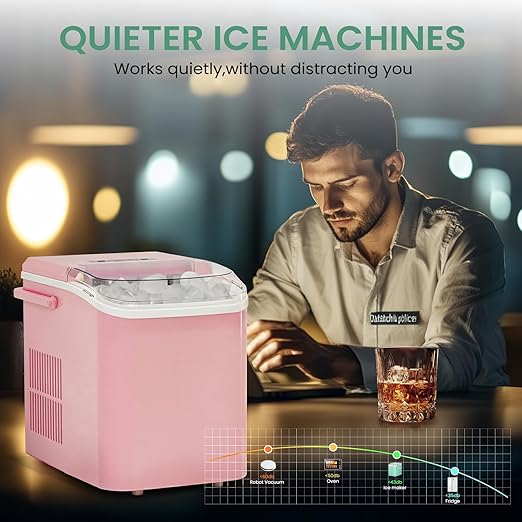 Ice Makers Countertop, Portable Ice Machine with Handle, 6 Mins 9 Bullet Ice Cubes with Basket and Scoop, 26lbs in 24Hrs, Auto-Cleaning, for Home, Kitchen, RV, Camping, Pink
