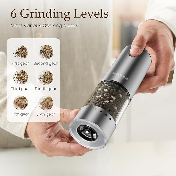 Newise Electric Salt and Pepper Grinder Set - Mothers Day Kitchen Gifts for Women, Mom, Rechargeable with LED Lights, Stainless Steel Automatic Mill, Adjustable Coarseness, Large Capacity, Silver