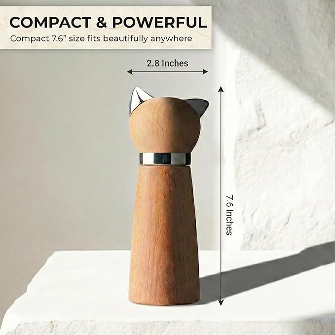 Ryevalley Wood Cat Pepper Grinder - Manual Wooden Salt Mill with Adjustable Coarseness - Unique Minimalist Kitchen Decor & Aesthetic Cat Themed Gifts for Cat Lovers, Natural Beechwood
