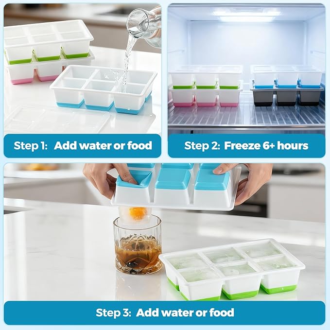 Large Ice Cube Trays 2 Pack, Easy Release 2.4" Big Ice Cubes, Stackable Ice Trays for Freezer, Silicone Cocktail, Whiskey Ice Cubes Mold with Lid, Dishwasher Safe - BPA Free