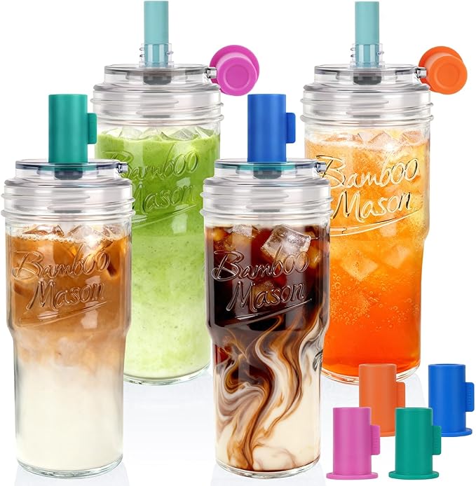 ANOTION Bamboo Mason 24oz Glass Tumbler with Straw Leakproof Lid, Cap Cup Mason Jar 4 Color Caps, Self-Assembly Leak-Proof Lid Straw, Reusable Iced Coffee Cup, Mason Jar Drinking Glass Coffee Gifts