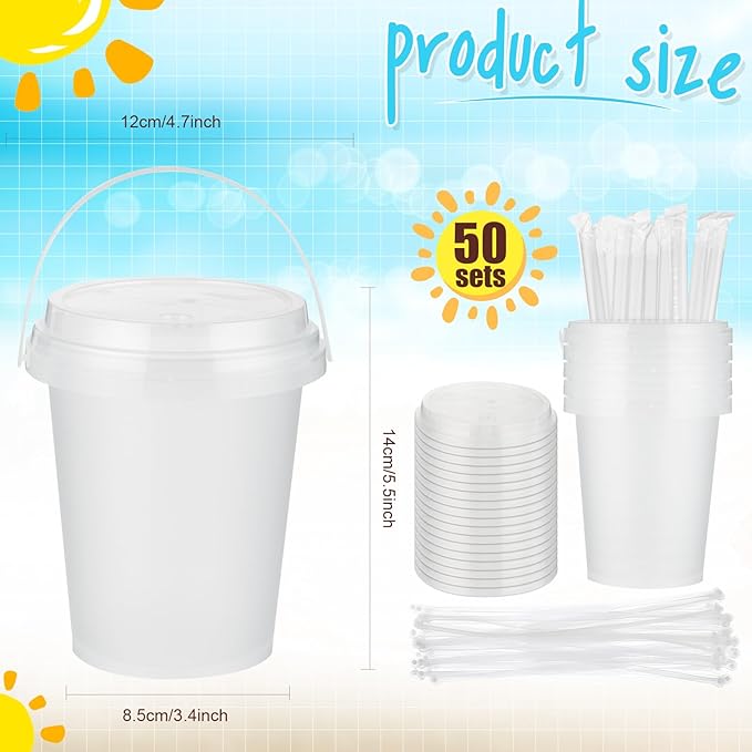 Funnymoom 30 Set 34oz Disposable Plastic Drink Buckets with Lids and Straws Frosted Iced Coffee Cups Rum Buckets for Cocktail Parties Smoothie Cup Bulk with Handles for Beach Pool Party Supplies