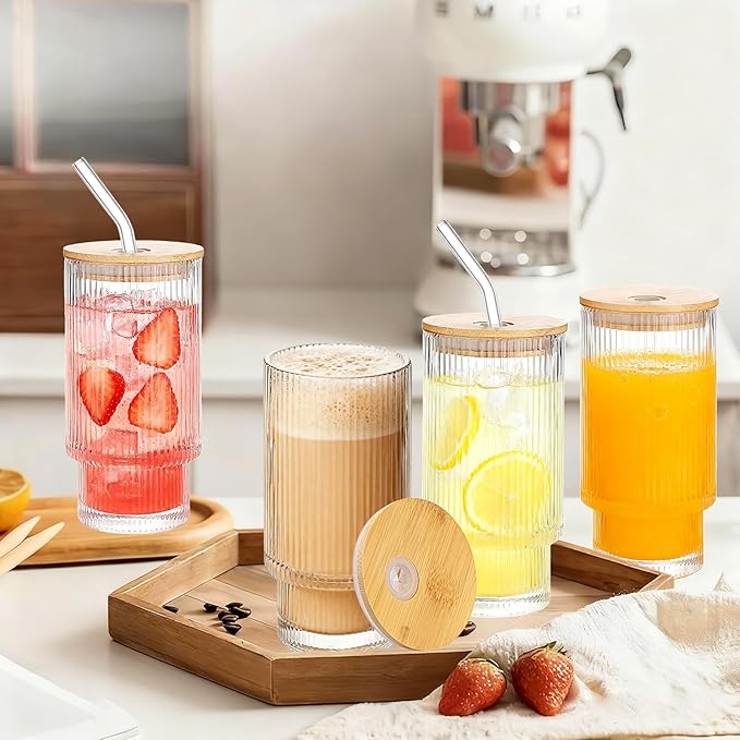 16oz Glass Cups with Lids & Straws, Glass Tumbler with Straw and Lid, Trendy Ribbed Design & Stackable for Iced Coffee/Cold Brew, Perfect for Home/Office by Coffee Lovers & Commuters (16OZ-4PACK)
