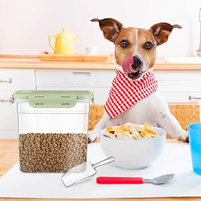 Patelai 6 Pcs Dog and Cat Food Storage Containers with Scoops Set Plastic Pet Food Storage Containers Stackable Airtight Dry for Kitchen 1.27, 2.4, 4 Qt (Green)