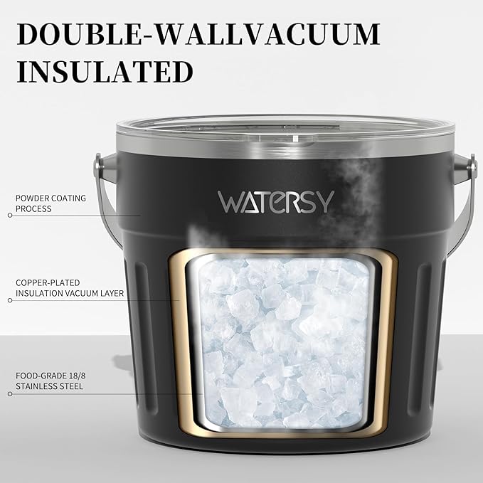 WATERSY Insulated Ice Bucket（8 Quart / 7.6 L） with Lid, Scoop, Ice Tong，Wall Vacuum Stainless Steel, Black