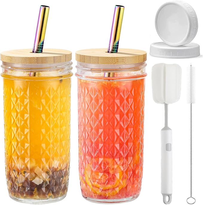 2 Pcs Glass Cups Set - 24oz Mason Jar Drinking Glasses with Bamboo Lids & Straws & 2 Airtight Lids, Cute Reusable Smoothie cup, Iced Coffee Glasses, Travel Tumbler for Bubble Tea, Juice, Gift
