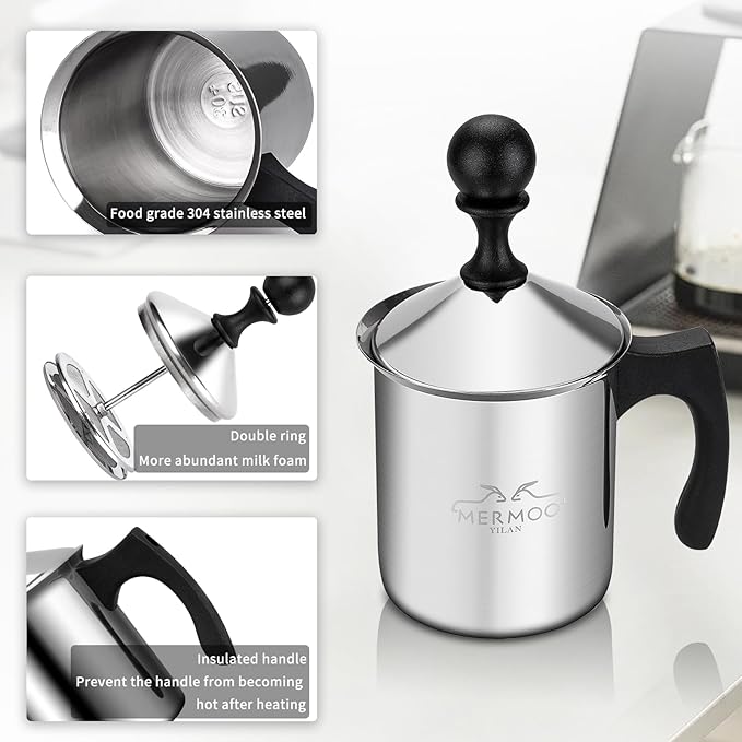 MERMOO YILAN Manual Milk Frother 14oz Stovetop Milk Foamer Non-electric Handheld Frother for Latte Art and Cappuccinos Perfect for Camping, Travel, Home (Silver)