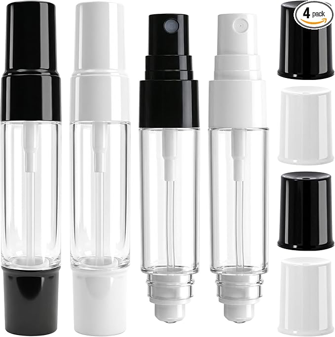 4 Pack 0.34 Oz (10ml) Essential Oil Spray Roller Bottles, 2 in 1 Refillable Empty Roll on Bottle with Stainless Roller Balls, Dispenser Spray Bottles for Perfume Oil Travel - White, Black