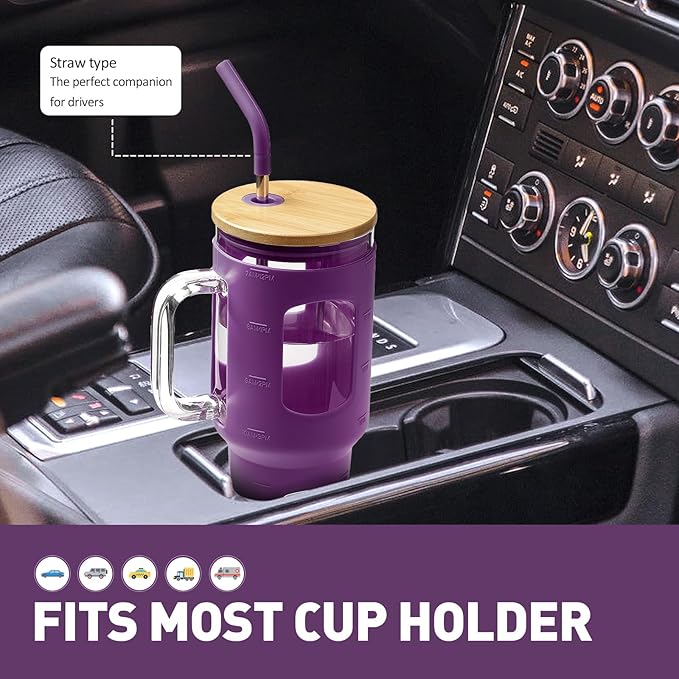 WINSA Glass Tumbler with Straw and Lid, 40 oz glass cup with handle, Glass Water Bottles with Time Marker, Silicone Protective Sleeve-Dark Purple
