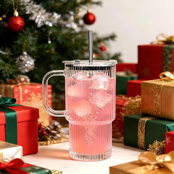 Accguan 6Pack 20oz Ribbed Glass Tumbler with Straw and Lid,Glass Cup with Handle,Reusable lced Coffee Cups with lids-Glass Cups with Lids for Smoothie,Coffee,Juice,Tea,Travel Mug,Cold & Hot Beverages